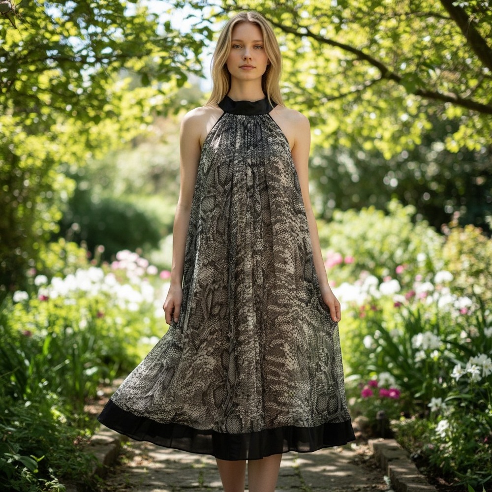 Snake Print Pleated Halter Mini Dress Black Satin Bow Trim‎ Grey White Large